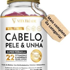 Vitamina para Cabelo Pele e Unha - Super fórmula com 22 Nutrientes 60 cápsulas sem sabor - Com Biotina, Cisteína, Metilcobalamina, Astaxantina, Ácido Fólico